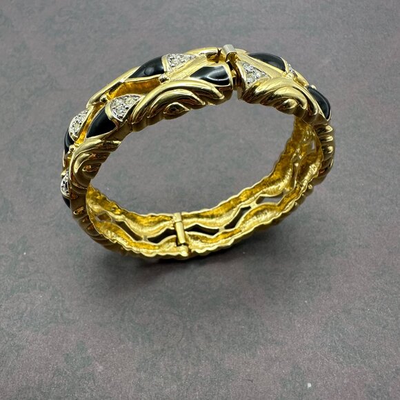 Vintage Saks Fifth Avenue Gold-Tone and Black Enamel and Quartz Bracelet - Picture 10 of 12